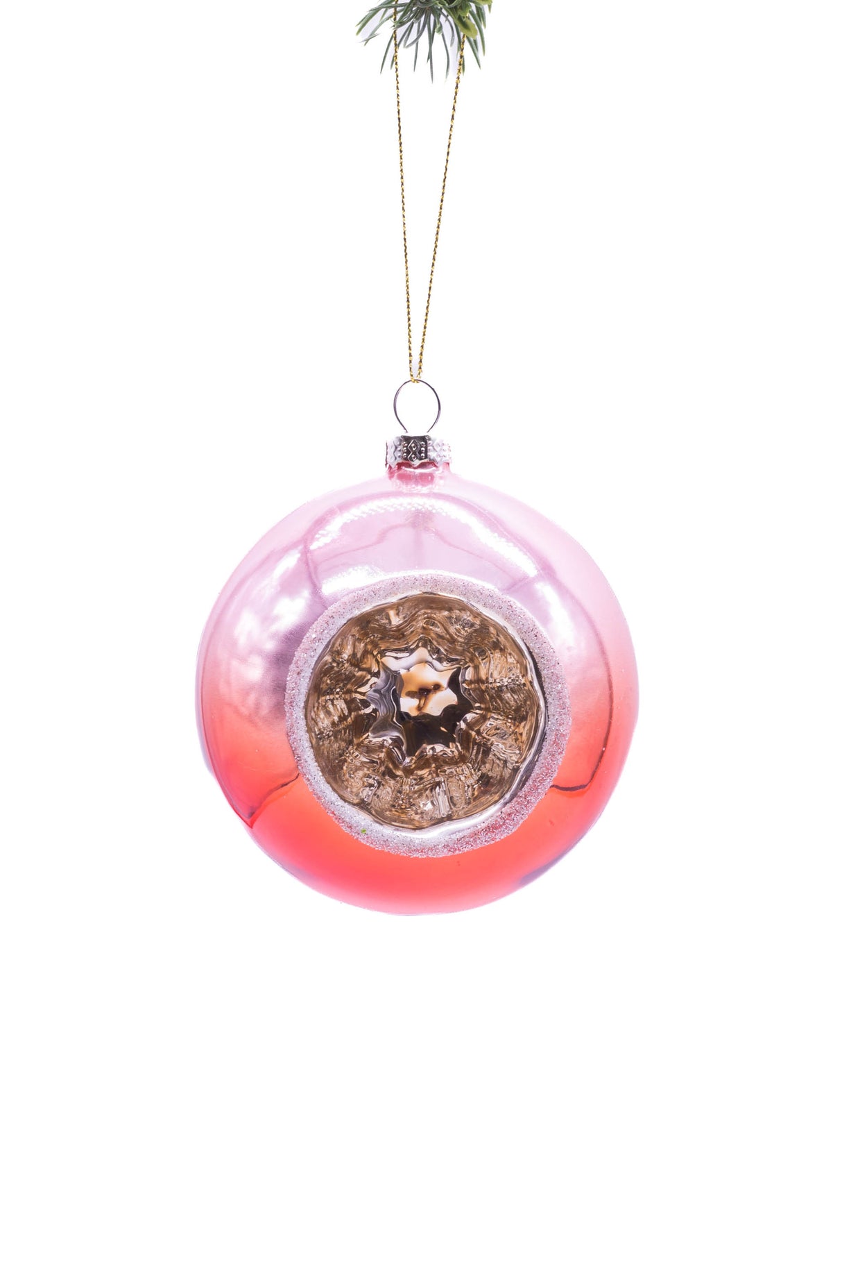 4" Hanging Red and Gold Glass Ball Ornament with Green and Silver Reflector