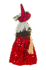 12" Sequin Black and Red Cloth Witch Ornament with Broom