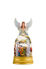 12.72" Gold and White Plastic Angel Warm White LED Snow Globe with Nativity