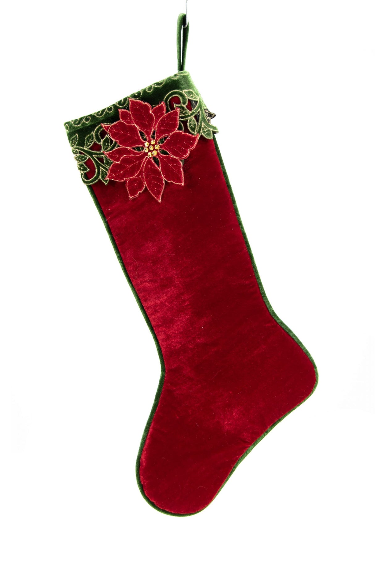 22" Soft Burgundy Velvet Poinsettia Flower Stocking with Flower
