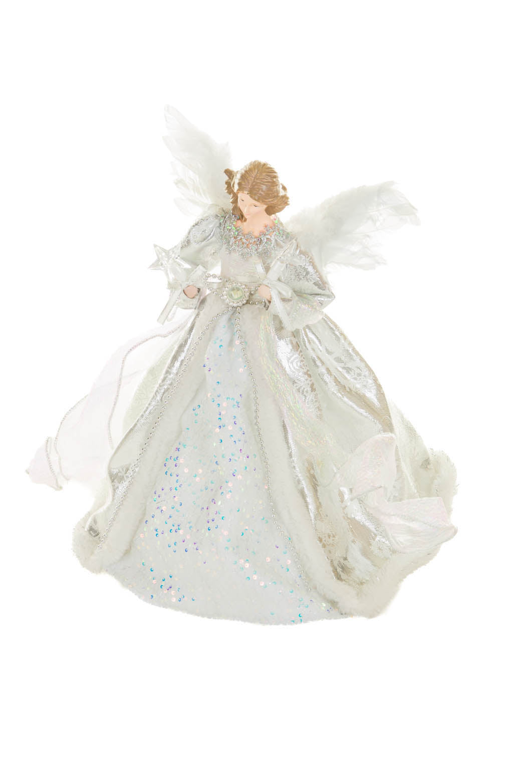 15" Sequin Silver and White Polyester Elegant Warm White LED Angel Tree Topper In Snowflake Dress