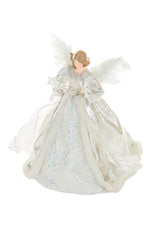 15" Sequin Silver and White Polyester Elegant Warm White LED Angel Tree Topper In Snowflake Dress