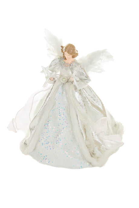 15" Sequin Silver and White Polyester Elegant Warm White LED Angel Tree Topper In Snowflake Dress