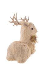 10.5" Resting Striped Cream Straw Fur Deer Figurine with Gold Spray
