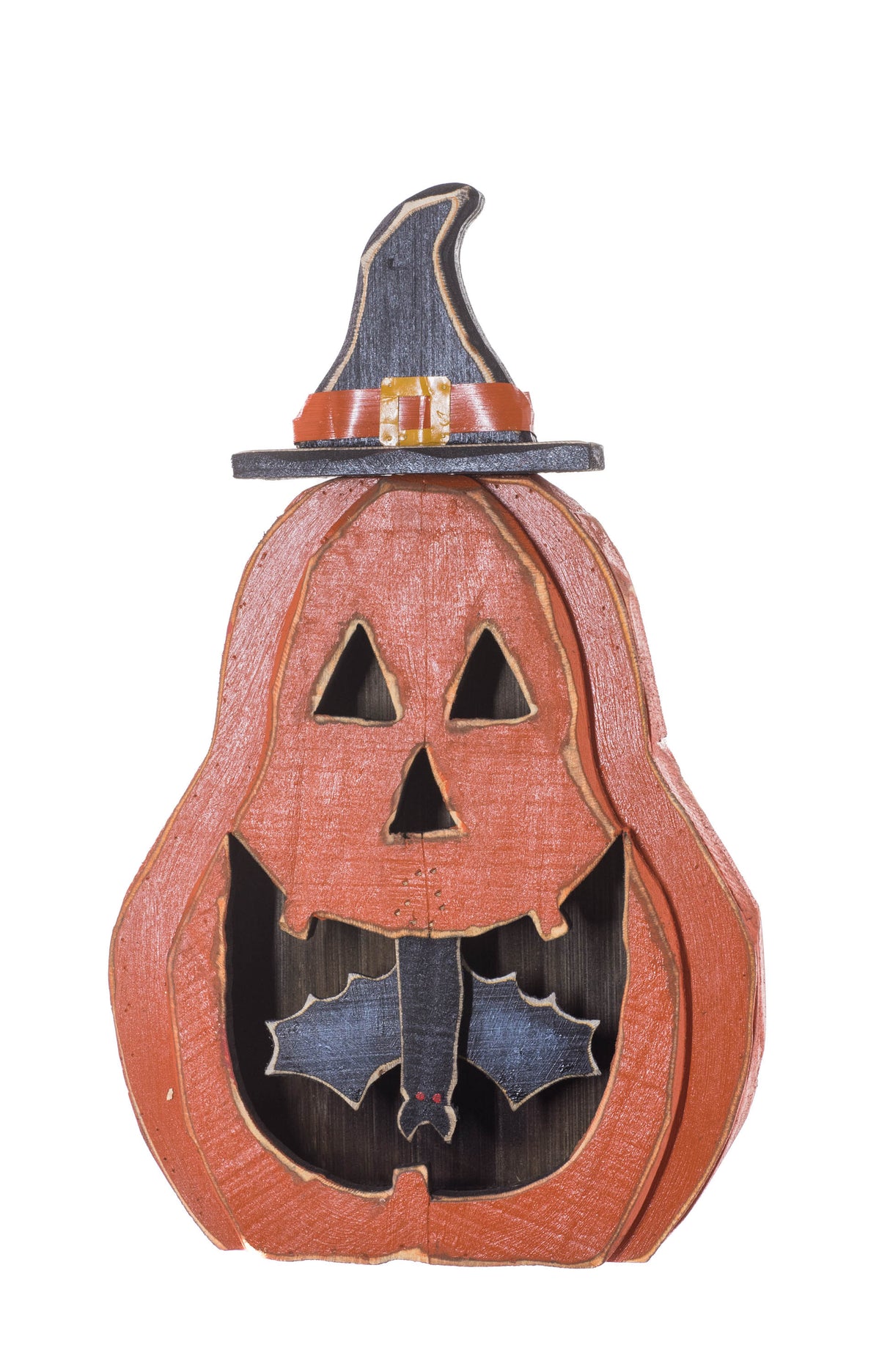 24.5" Orange and Black Wooden Jack O' Lantern Display with Bat