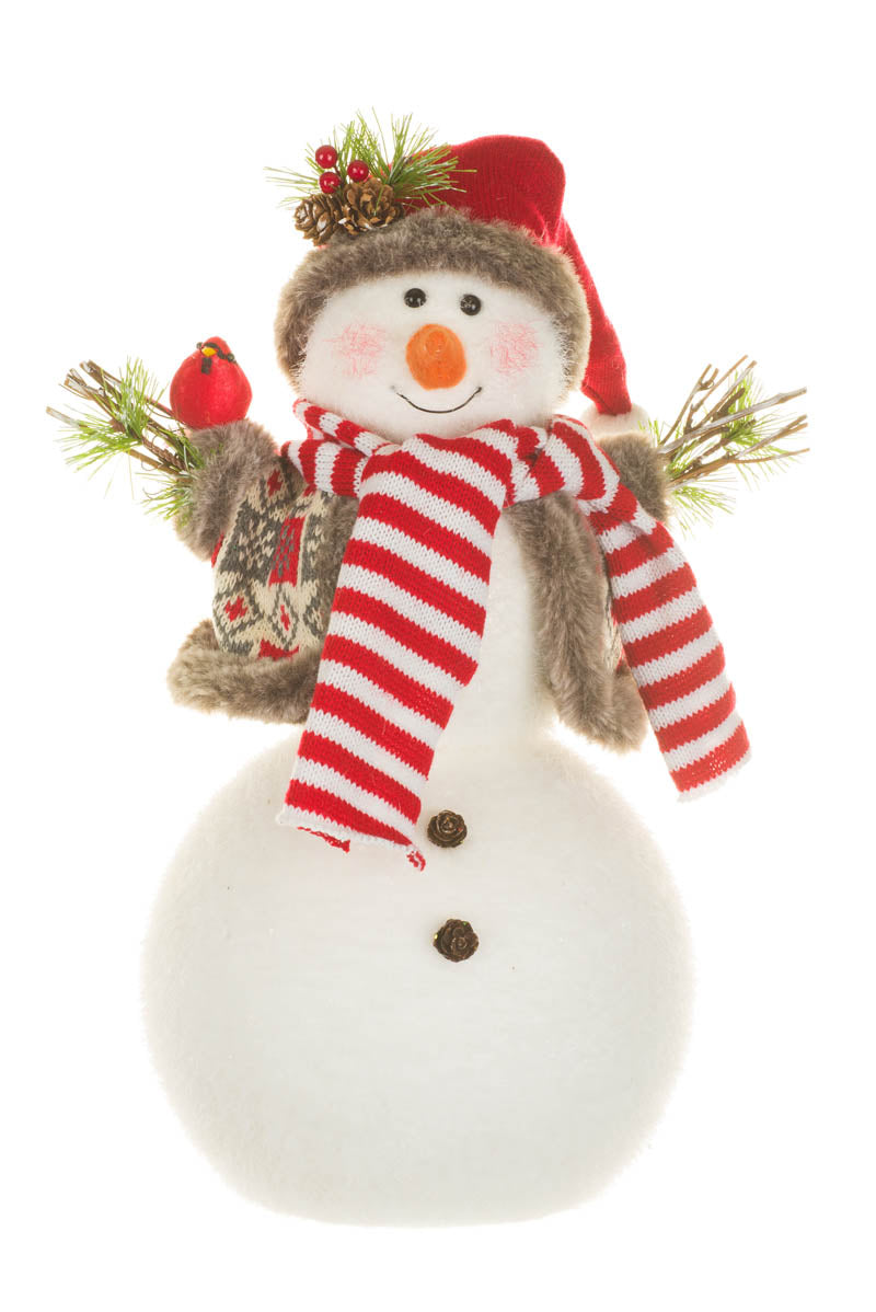 15" Cozy Red Fabric Snowman Figurine with Cardinal