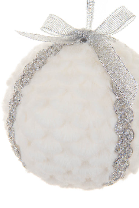 4" Hanging White and Silver Cotton Fuzzy Snowball Ornament with Sparkly Wrapping