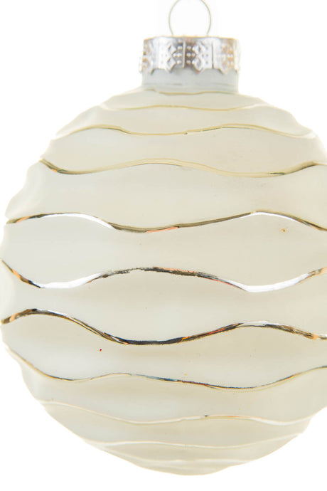 4" Hangable White Glass Ball Ornament with Silver Trim