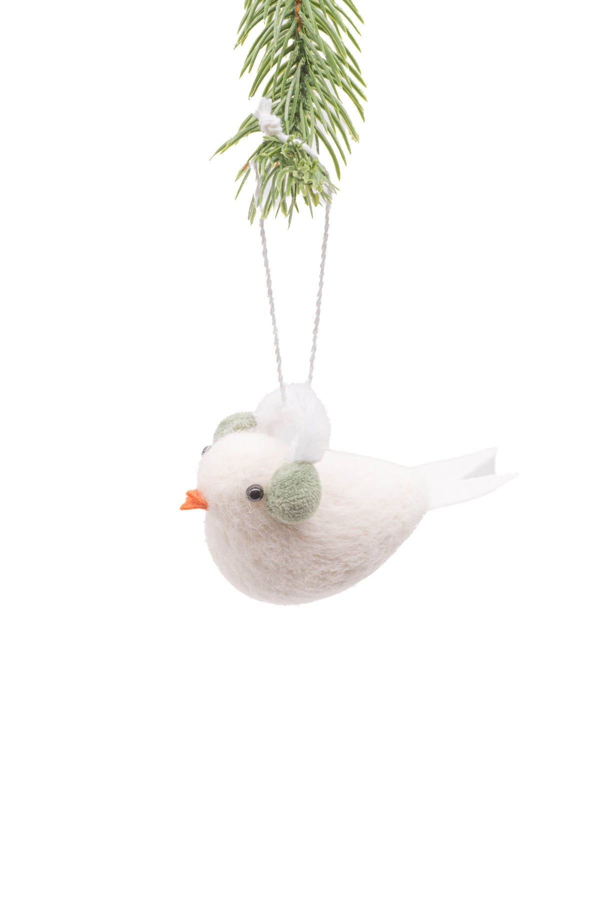 4" Hanging White Polylon Dove Ornament with Green Earmuffs