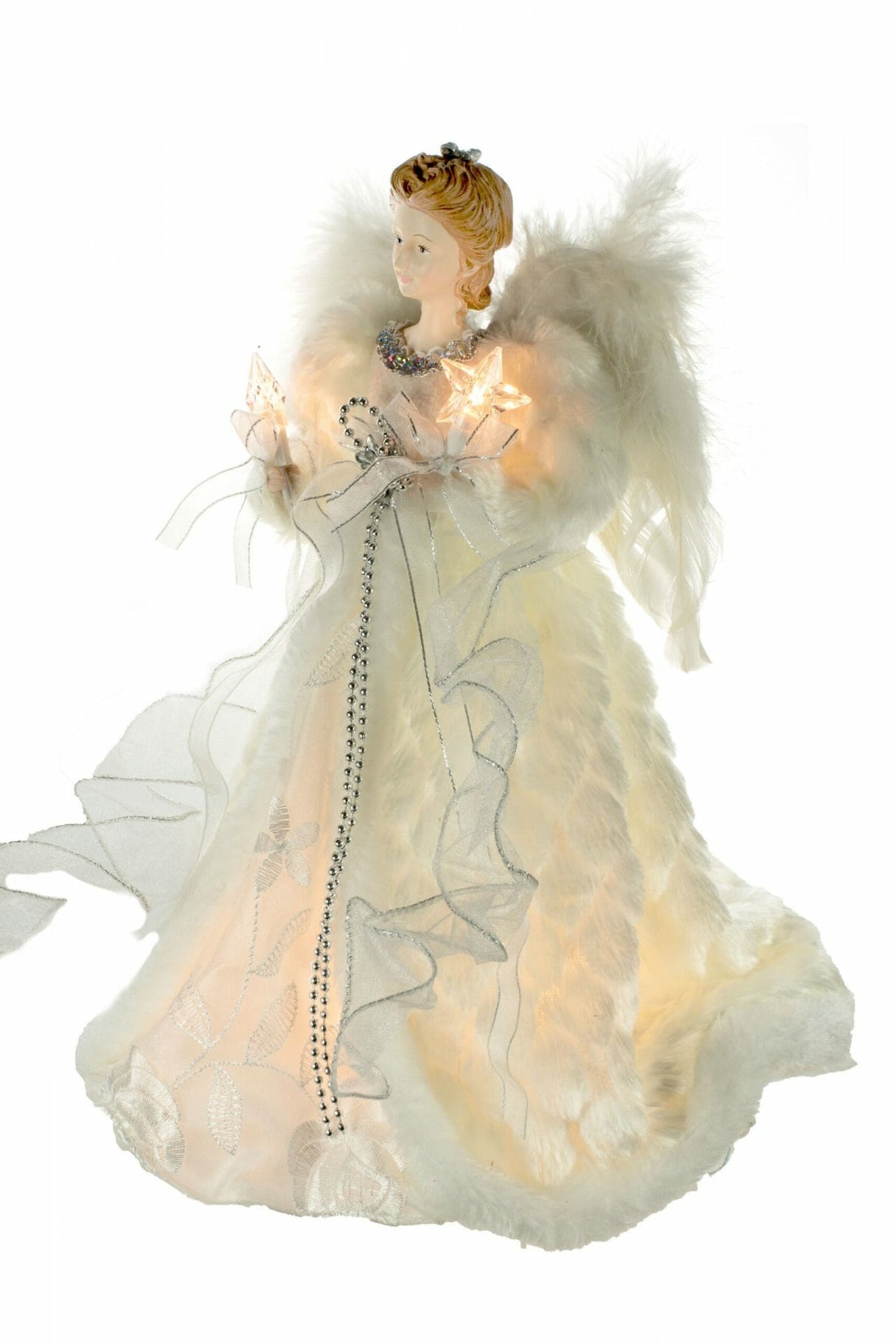 14" Ivory Cloth Modern 10-Light Angel Tree Topper with Fur Coat