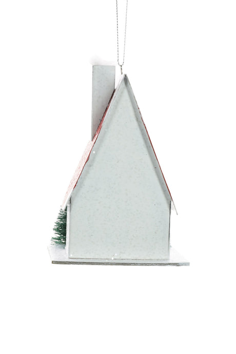 5" Hanging White and Red Wooden Holiday Home LED Ornament with Hanging Wreath