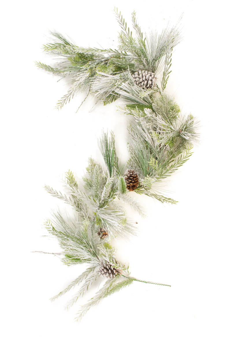 72" Hangable Flocked White and Green Plastic Mixed Foliage Garland