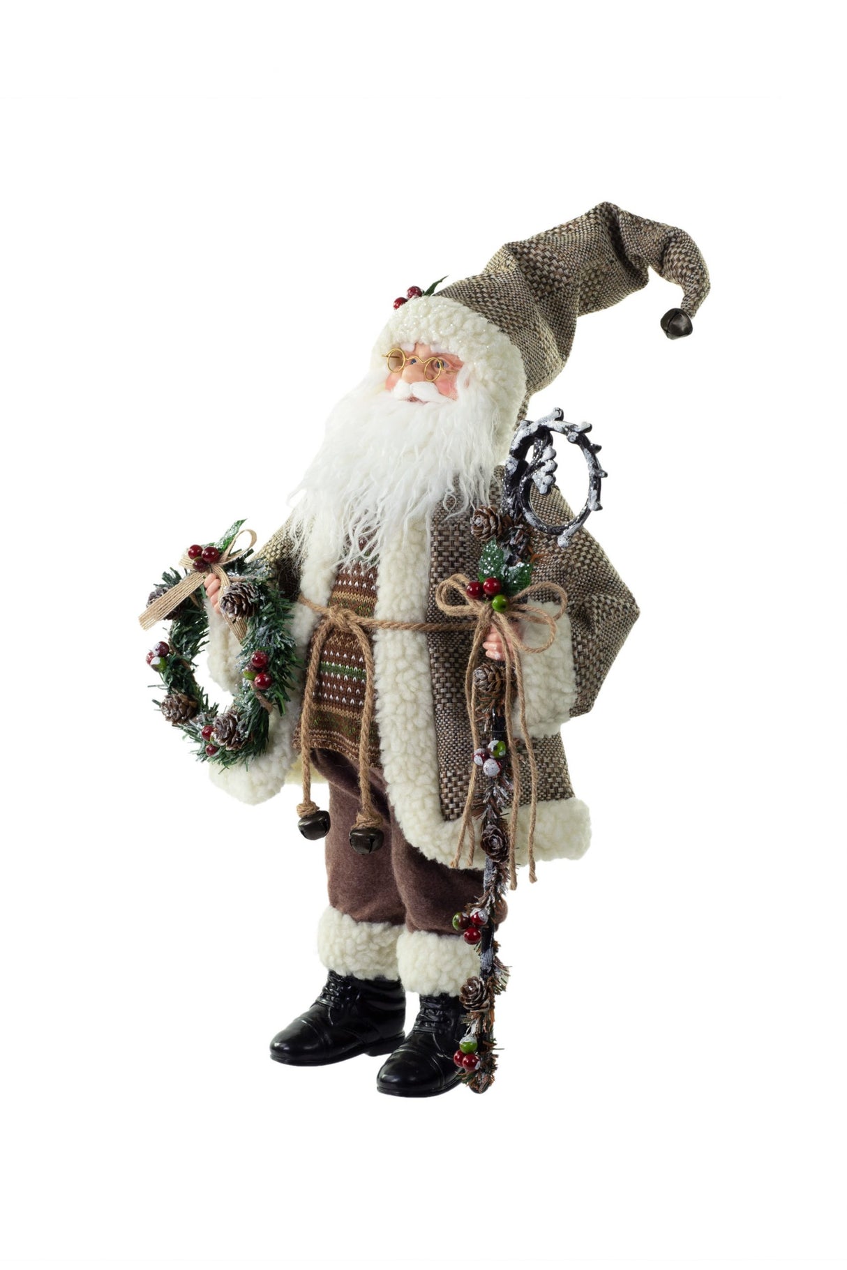 18" Brown and White Cloth Rustic Santa Figurine with Staff and Wreath