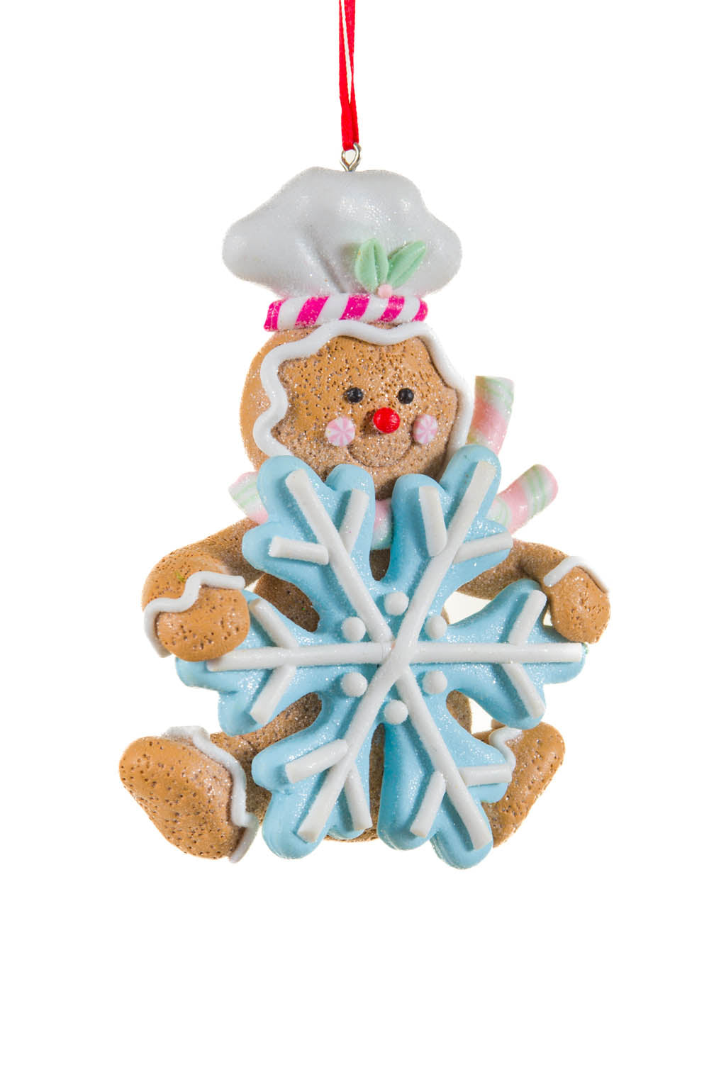 4.25" Hanging Brown and White Clay Gingerbread Ornament with Blue Snowflake