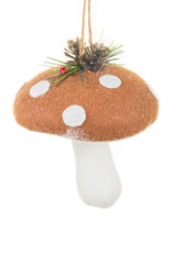 4" Fuzzy Hanging Brown and White Cloth Mushroom Ornament with White Spots