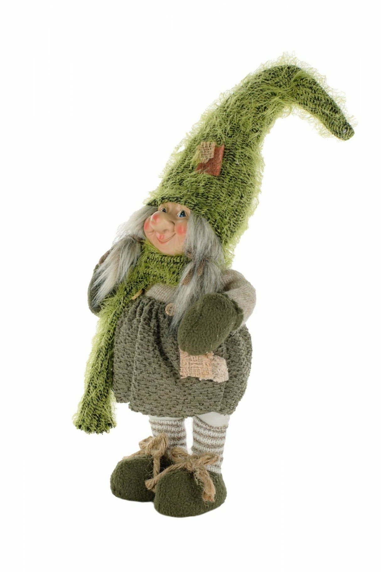 11.5" Smiling Green Cloth Forest Gnome with Walking Stick