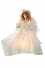 10" White Cloth Small 10-Light Angel Tree Topper with Brown Curly Hair