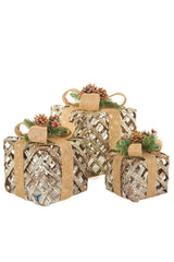 10" Set of 3 Gold & Ivory  Metal Gift Box Warm White LED Accents