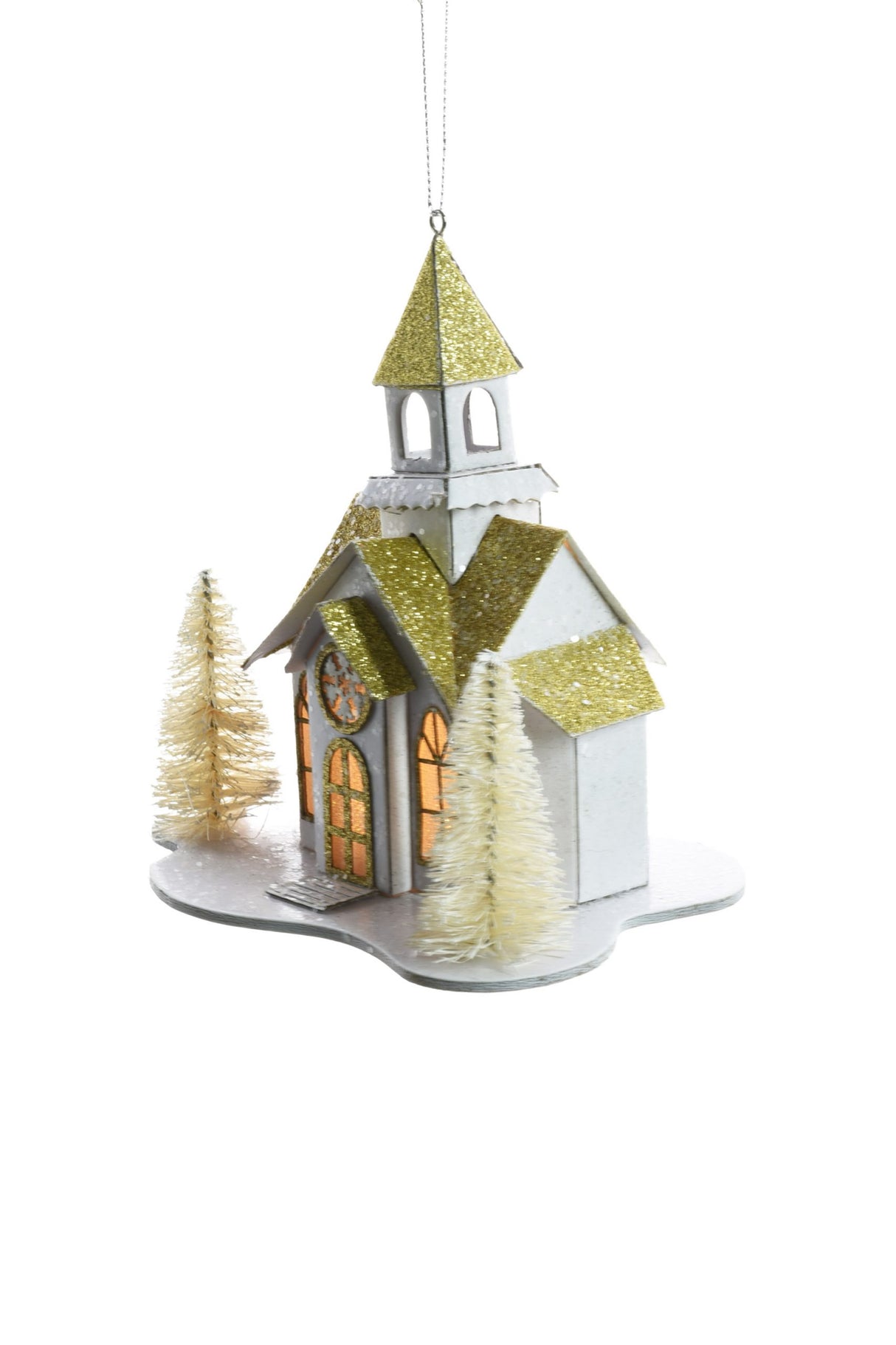 5" Hanging White Wooden Church LED Ornament with Gold Roof