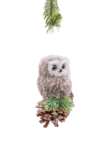 6" Hanging Gray Cloth Owl Ornament On Pinecone