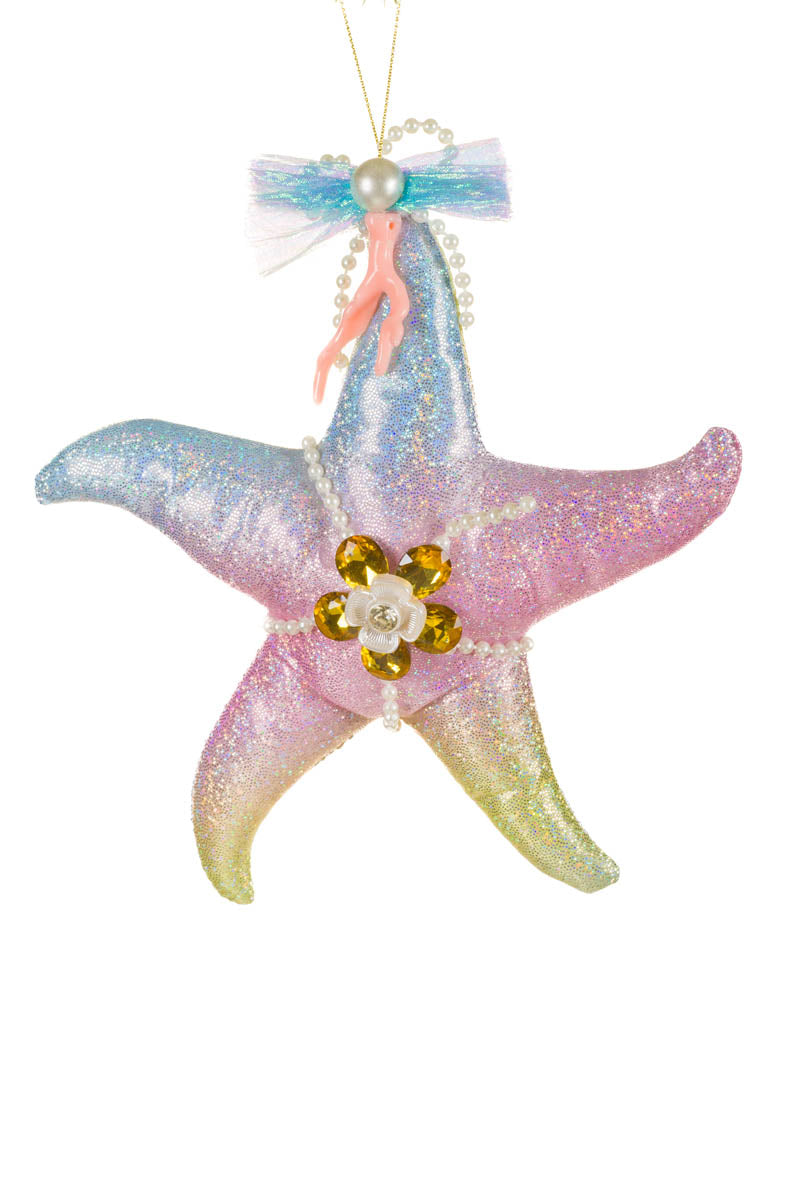 7.5" Hanging Iridescent Rainbow Fabric Starfish Ornament