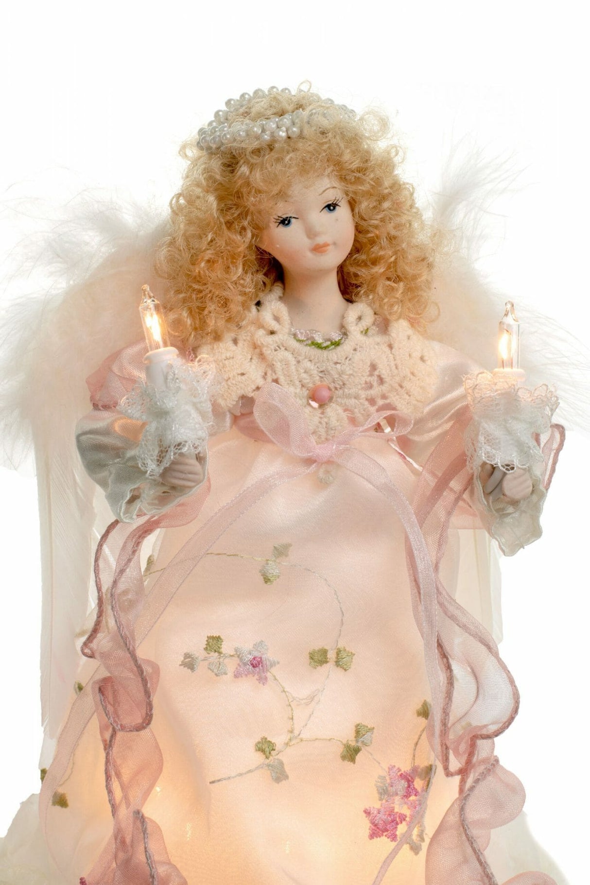 10" Ivory Cloth Small 10-Light Angel Tree Topper with Blonde Curly Hair