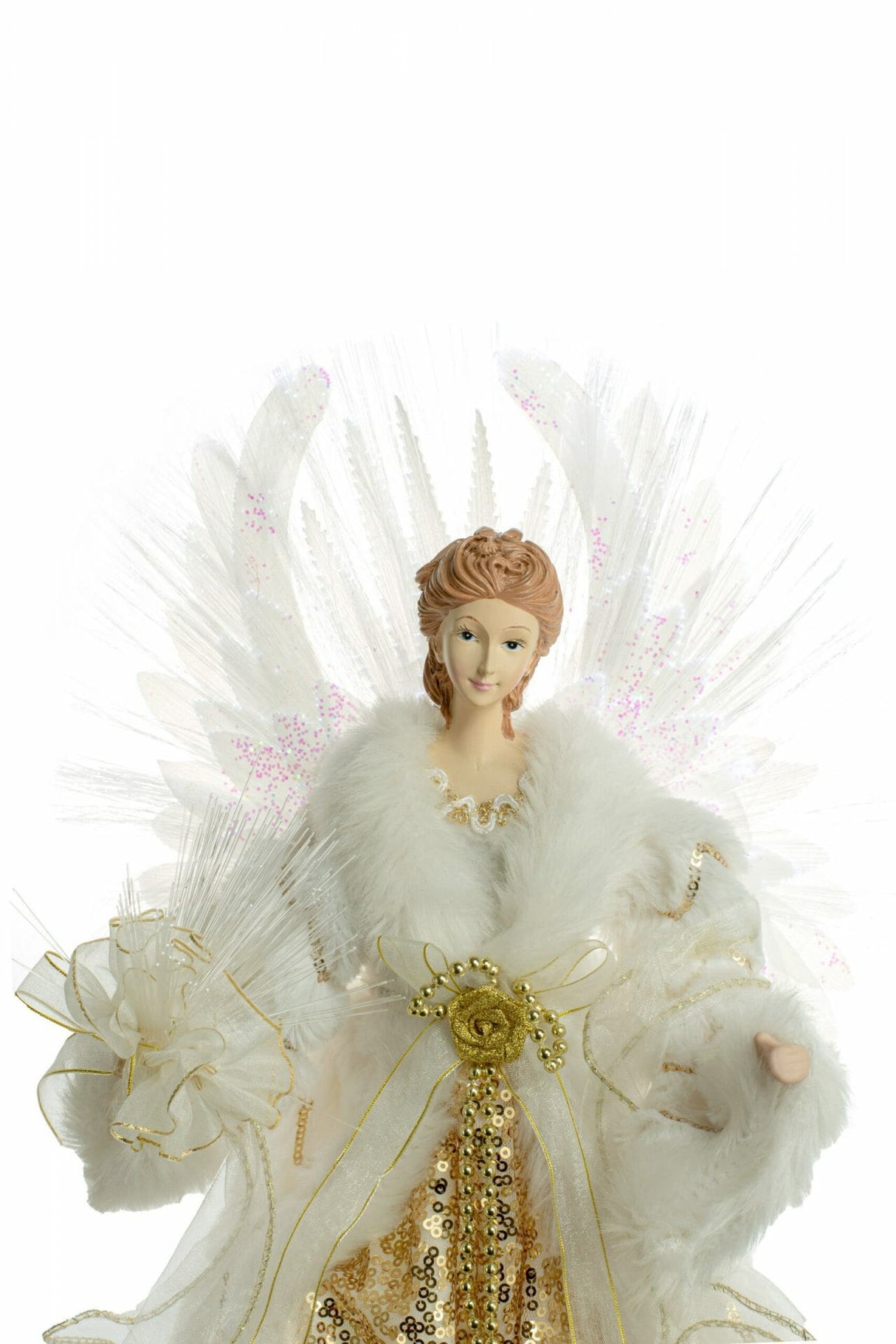 16" White and Gold Cloth Classic Fiber Optic Angel Tree Topper with Bouquet