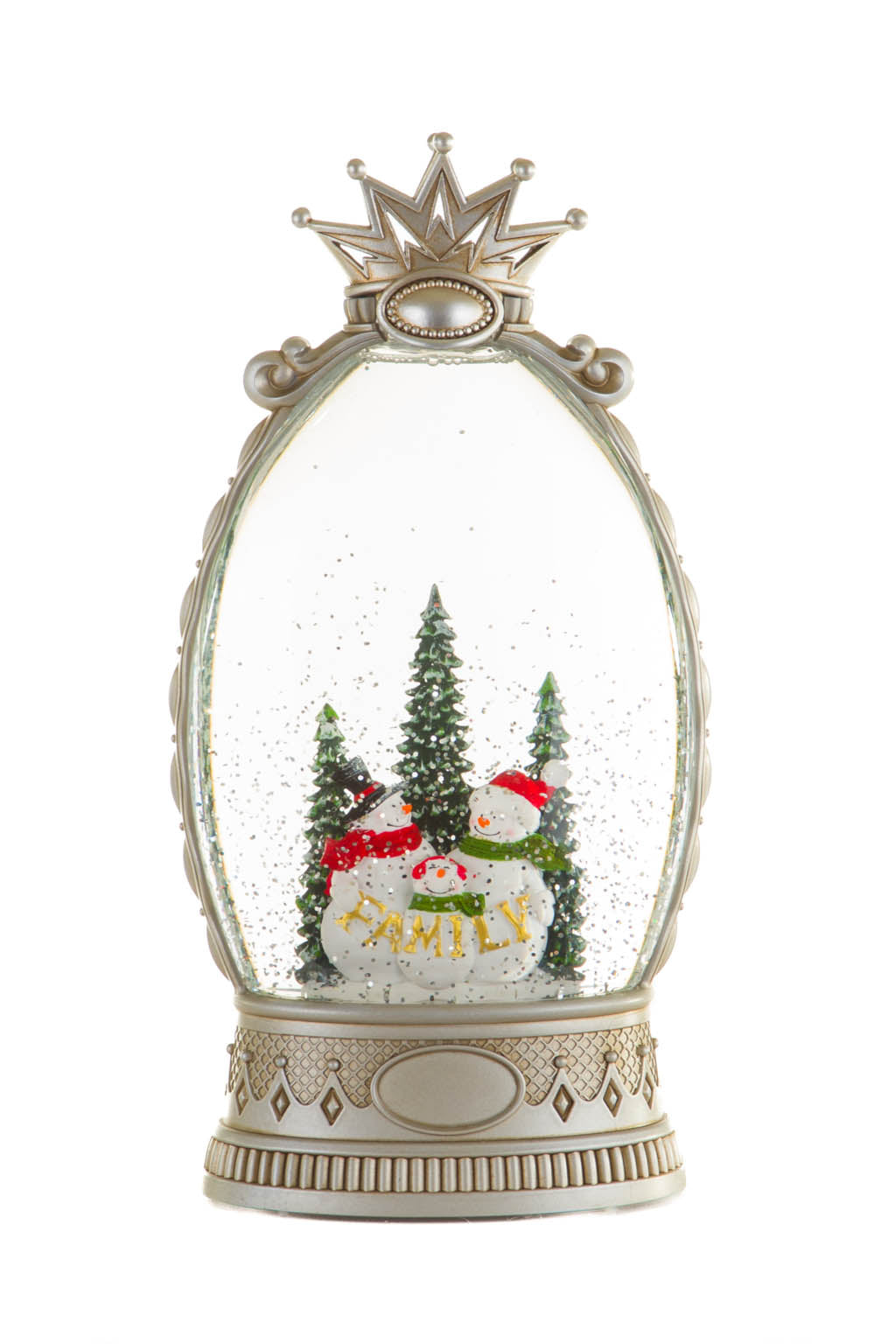 26" Musical Silver Plastic Snowman Family Warm White LED Snow Globe with Swirling Glitter