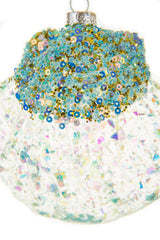 4.5" Hangable Baby Blue Glass Oyster Ornament with Sequins