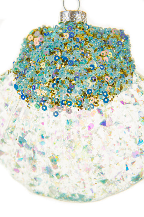 4.5" Hangable Baby Blue Glass Oyster Ornament with Sequins