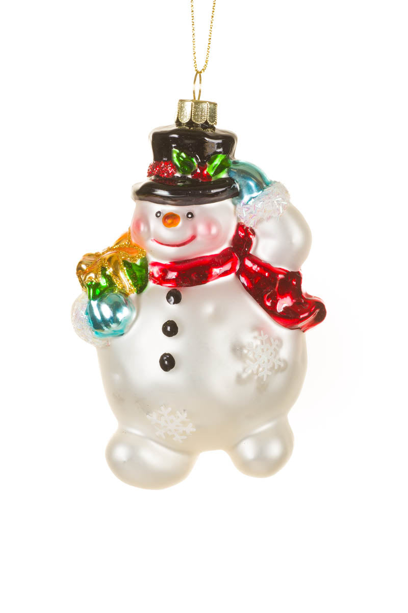 5" Hanging White Glass Saluting Snowman Ornament