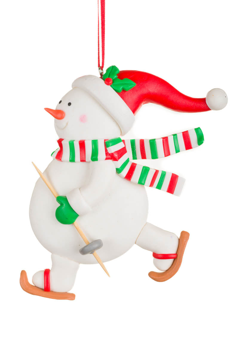 4.25" White and Green Clay Skiing Snowman Ornament