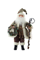 18" Brown and White Cloth Rustic Santa Figurine with Staff and Wreath