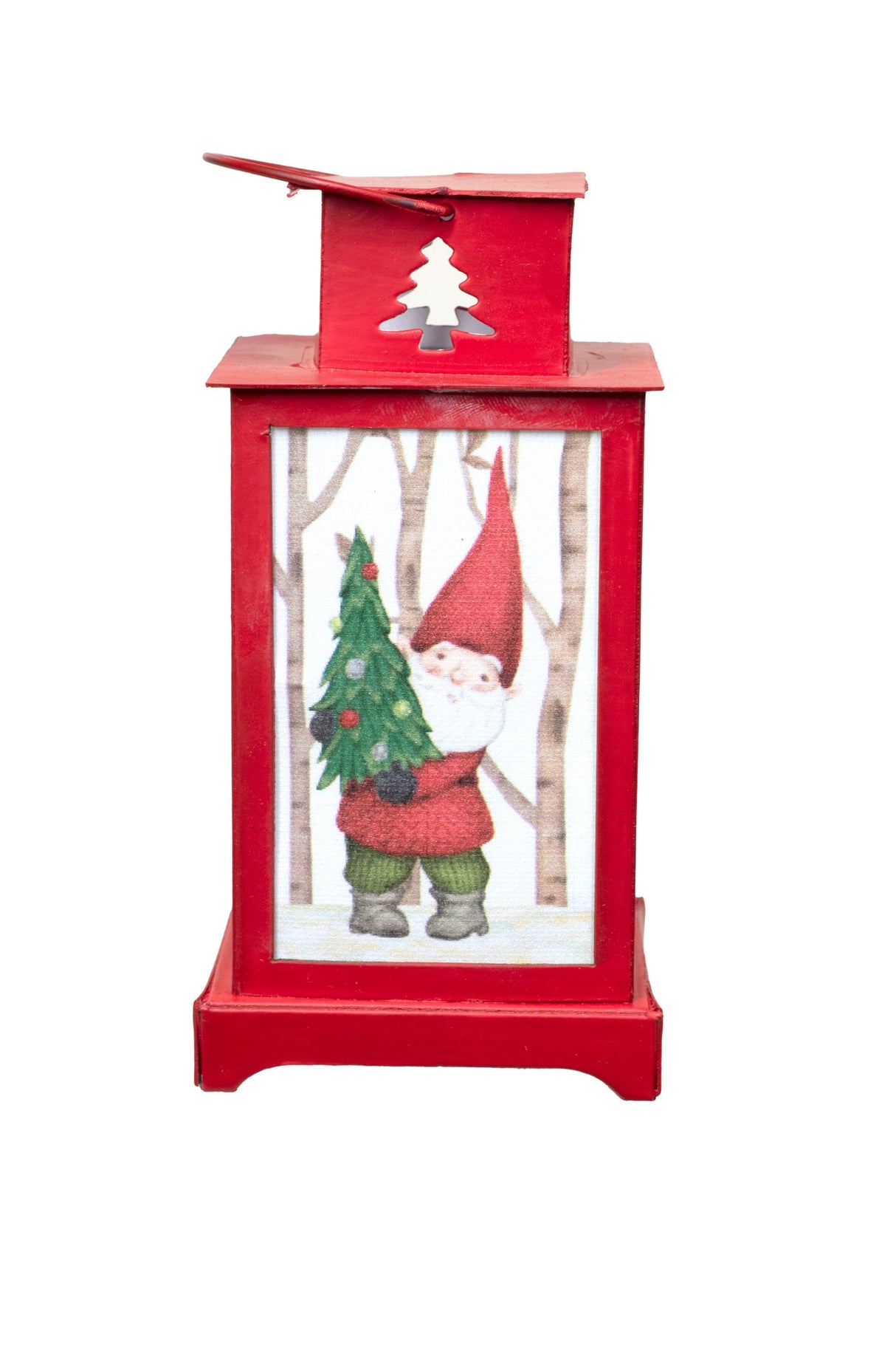 5.5" Hanging Red Wooden Lantern Ornament with Happy Gnome