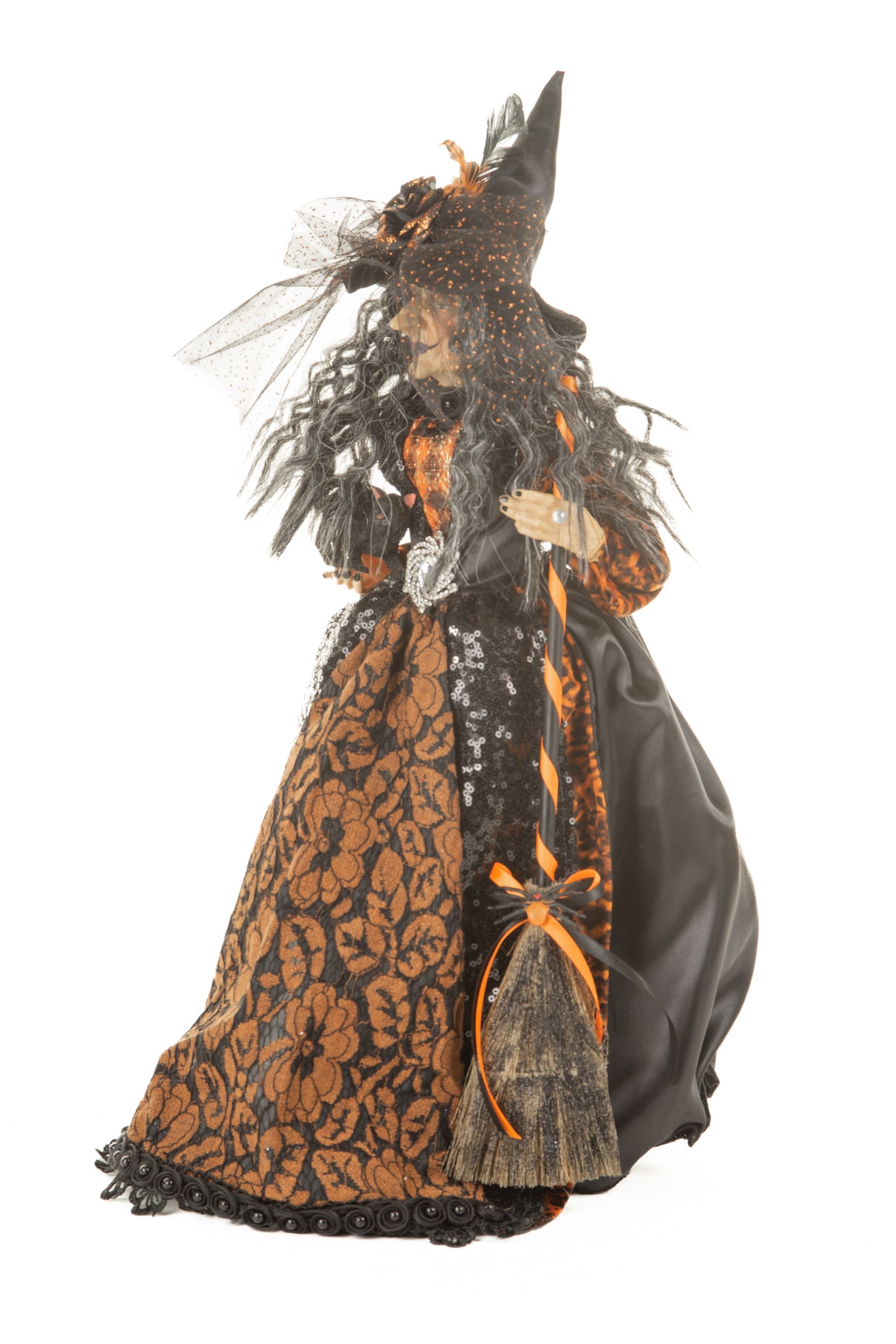 18" Sequin Black and Orange Silk Decadent Witch with Cradled Cat