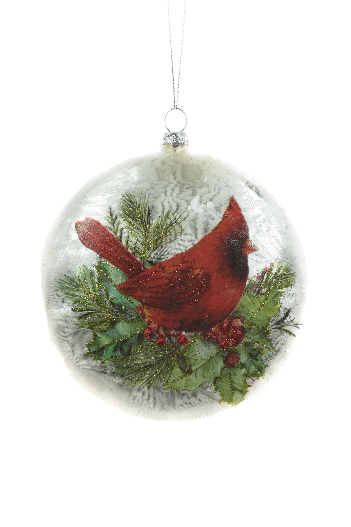 4.75" Flat Hanging White Glass Disc Ornament with Holly Cardinal