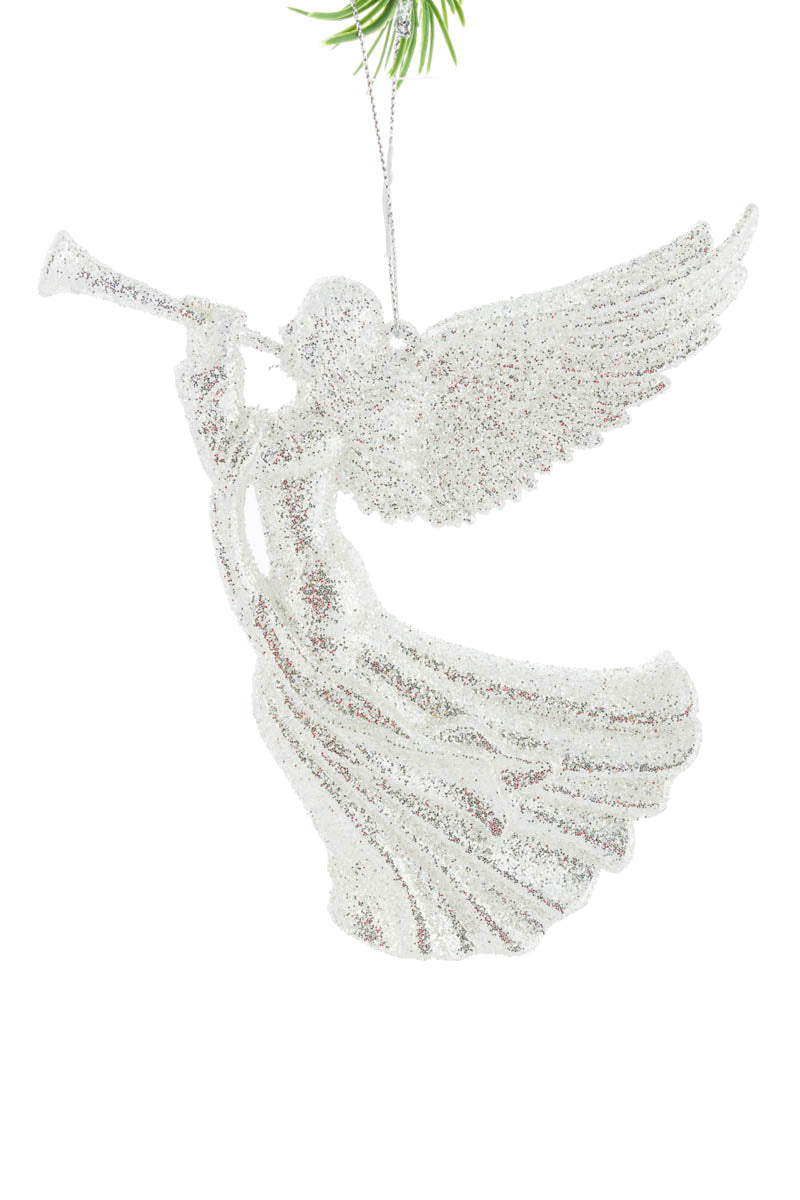 5.75" Hanging Sparkly Silver Acrylic Angel Ornament with Trumpet