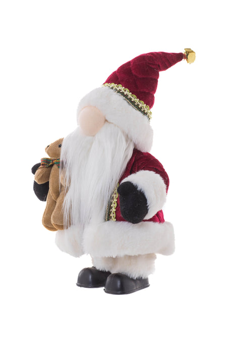 14" Chintz Burgundy and White Cloth Gnome Santa Figurine with Teddy Bear
