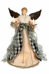 14" Cream Rattan Rustic 10-Light Angel Tree Topper with Black Gingnam Skirt