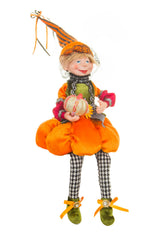 15" Orange and Green Cloth Elf Girl Doll with Pumpkin Hat