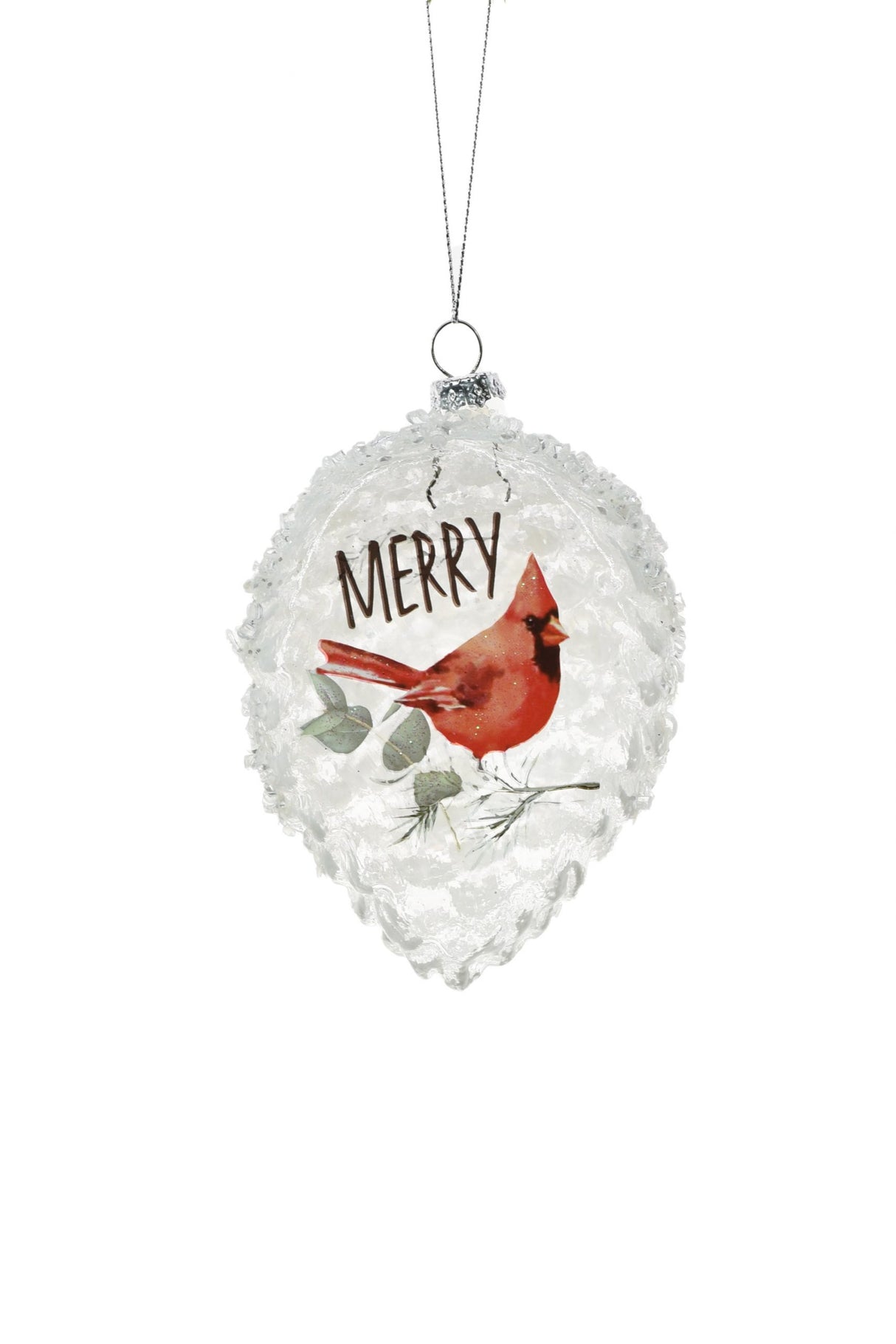 4.5" Hanging Clear Glass Pinecone Ornament with Perched Cardinal
