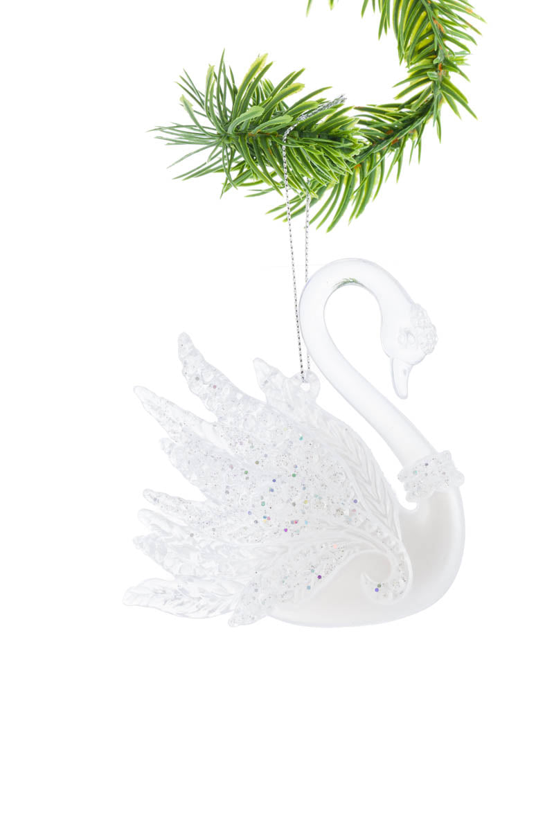 4.5" Elegant Hanging White Acrylic Glancing Swan Ornament - 2 Styles