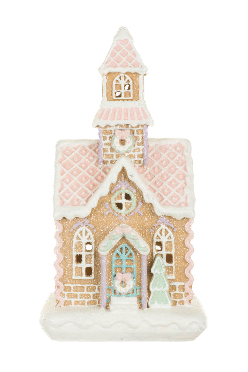 9"White and Pink Resin Gingerbread House Warm White LED Display with Steeple
