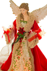 17" Large Red and Beige Cotton Chic Warm White LED Angel Tree Topper with Glowing Stars