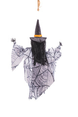 10.5" Hanging Spiderwebbed White Cloth Spooky Ghost Figurine with Skelly Face
