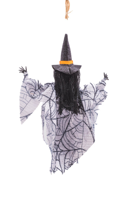 10.5" Hanging Spiderwebbed White Cloth Spooky Ghost Figurine with Skelly Face