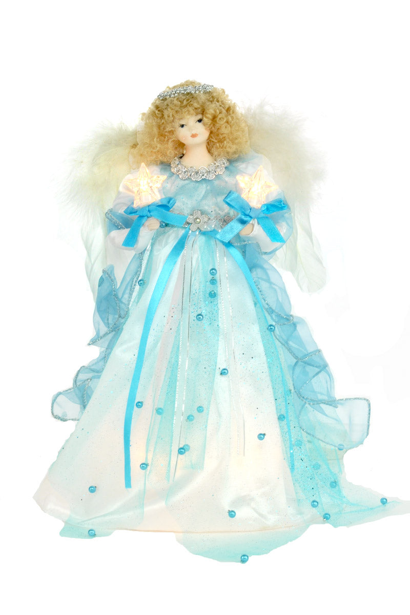 15" White and Teal Cotton/Polyester Snowflake Warm White LED Angel Tree Topper with Stars