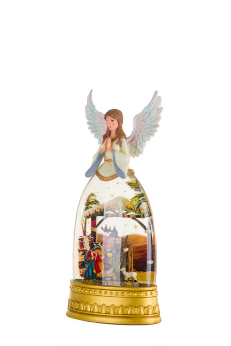 12.72" Gold and White Plastic Angel Warm White LED Snow Globe with Nativity