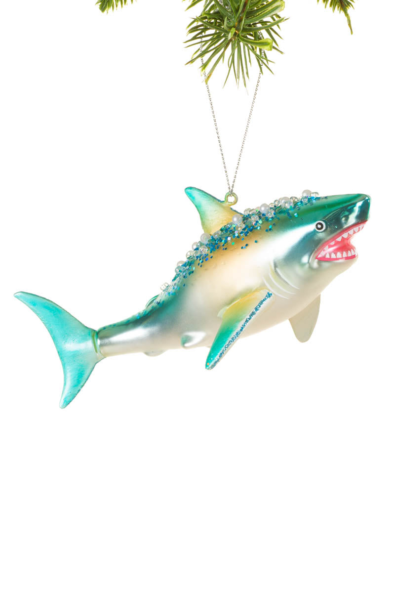 5.75" Hanging Iridescent Silver Glass Shark Ornament
