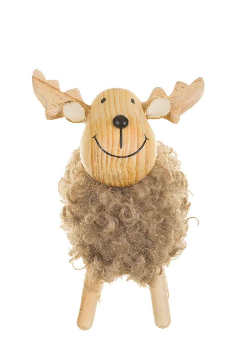 5" Small Fluffy Brown Wooden Reindeer Figurine